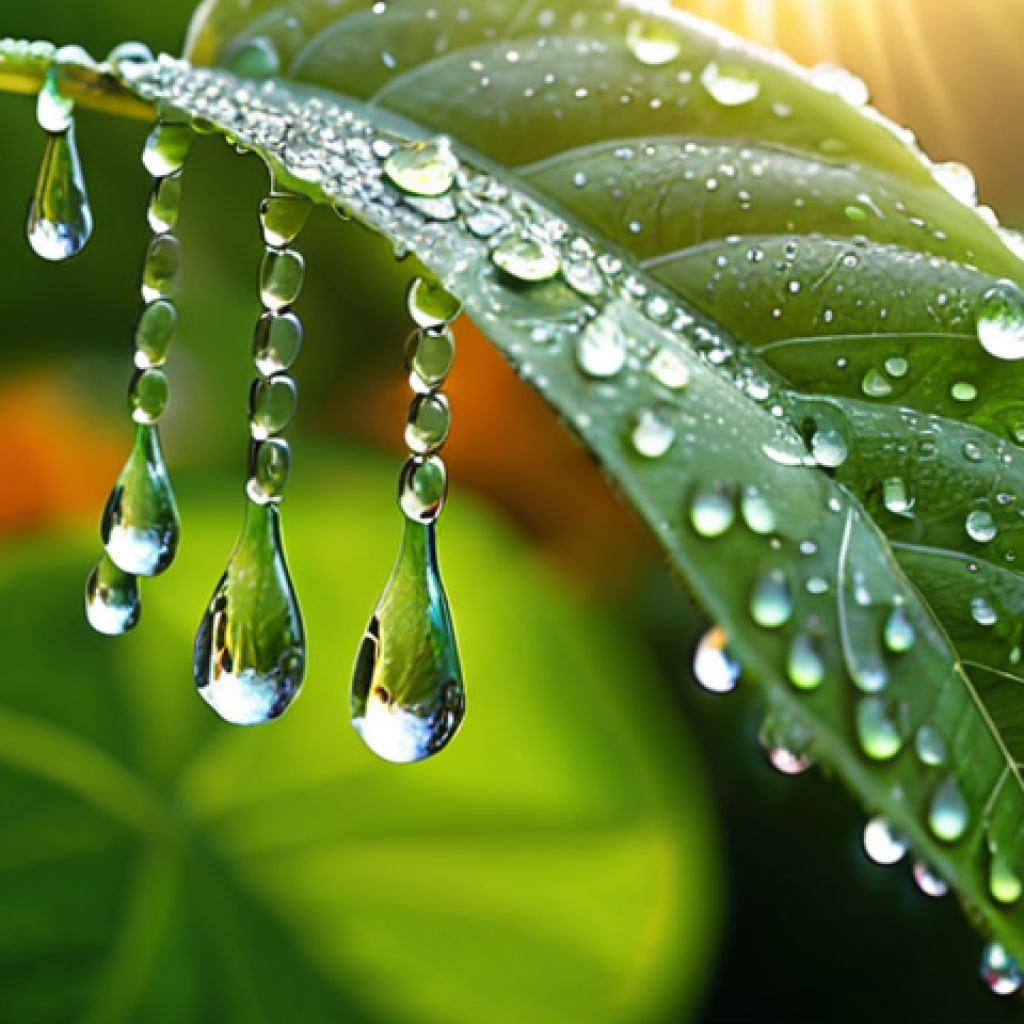 **Image Prompt:** A close-up shot of dewdrops clinging to vibrant green leaves in a garden at sunrise. The droplets are sparkling like tiny pearls, with a soft, diffused sunlight creating a magical, ethereal atmosphere. Focus on the textures of the leaves and the delicate beauty of the water droplets.