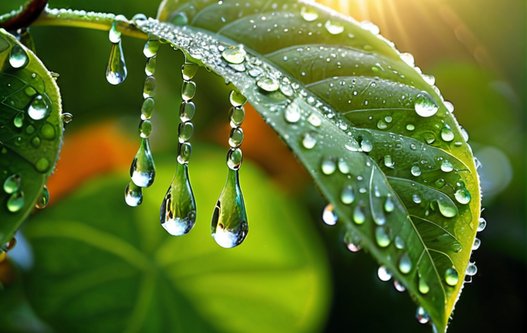 **Image Prompt:** A close-up shot of dewdrops clinging to vibrant green leaves in a garden at sunrise. The droplets are sparkling like tiny pearls, with a soft, diffused sunlight creating a magical, ethereal atmosphere. Focus on the textures of the leaves and the delicate beauty of the water droplets.