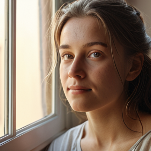 Home 6 **Portrait by Window:** A soft, naturally lit portrait of a person by a window in the morning. Focus on gentle, warm light and a relaxed, natural expression.