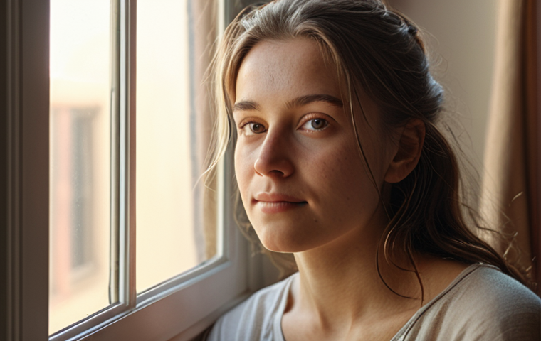 **Portrait by Window:** A soft, naturally lit portrait of a person by a window in the morning. Focus on gentle, warm light and a relaxed, natural expression.